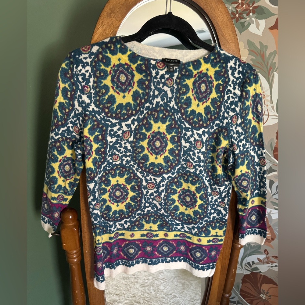 Talbots Pure Merino Wool Multicolor Medallion Audrey Sweater
